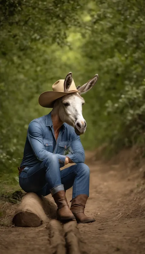 Animal. ((1 Jumento, Asno, Mula ou Burro)) Animal dressed in denim jumpsuit and plaid shirt. A straw hat and leather boots. Floresta em dias ensolarados de primavera. Caminho ou estrada de pedras.