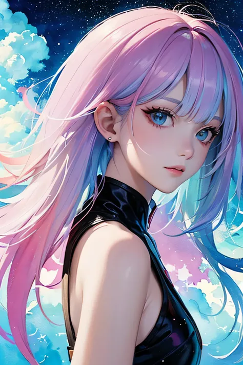 (masterpiece, top quality, best quality,watercolor (medium),official art, beautiful and aesthetic:1.2),(1girl:1.3), (fractal art:1.3),upper body, from side, looking at viewer,patterns,(rainbow color Hair,colorful hair,half blue and half pink hair:1.2),wate...