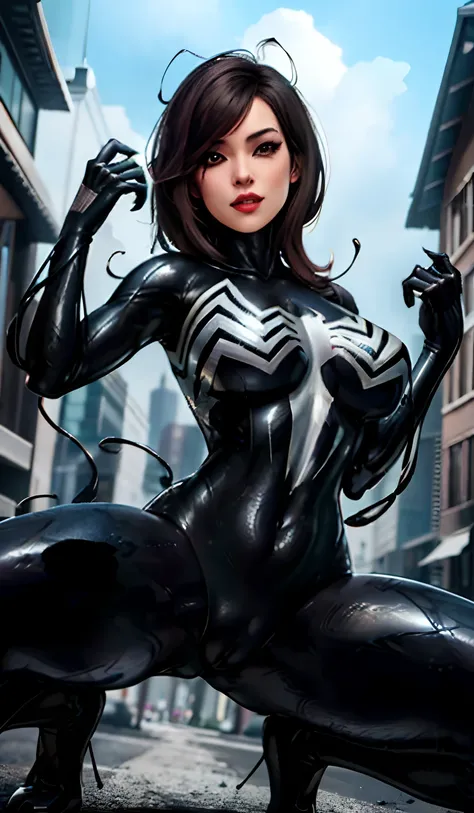 4K，realisticlying，Glamorous，The is very detailed，There is a girl in Dingcheng，Wearing a black Spider-Man costume，（Black and white：1.4） the night,symbiote，venomize，a large amount of mucus,she is a spiderman，Black superhero theme，In front of the sky，Flushed ...