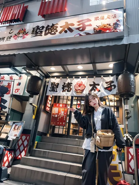 Alafed woman standing outside restaurant、Holding up a sign, in front of ramen shop, in Tokyo under, restaurant!!, like jiufen, high-end onsen, japanese onsen, 奈良美智, in tokyo shinjuku, Middle Metaverse, in a japanese town at night