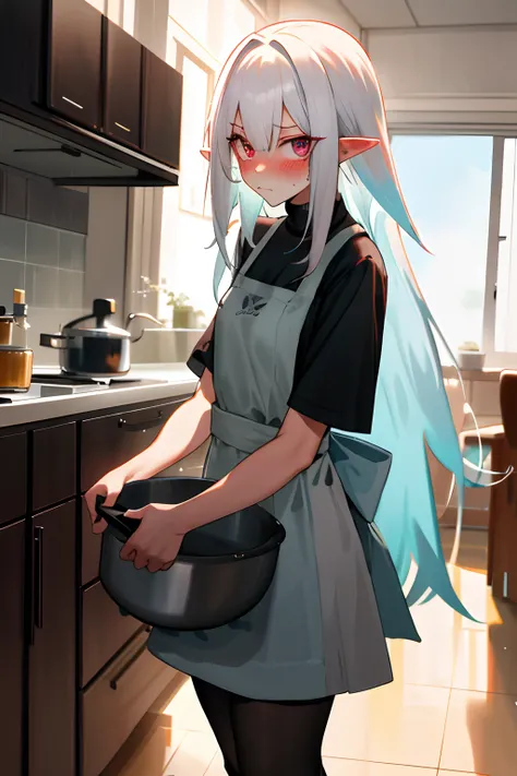 One girl with long hair, white hair, looking at viewer, embarrassed, blushing, oversized naked black t shirt, t shirt only, thigh, pointy ears, perfect waist, pantyhose, kitchen, apron, soup ladle