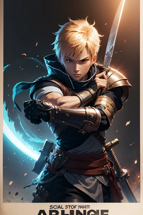 A Poster with one anime character fighter with an armer and a sword in a simple cool background.