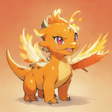 Cute dinosaurs，Fire attribute,Three-quarters side， Orange head, Four ears，little wings，Red pupils，Masterpiece, Best quality，solid color backdrop