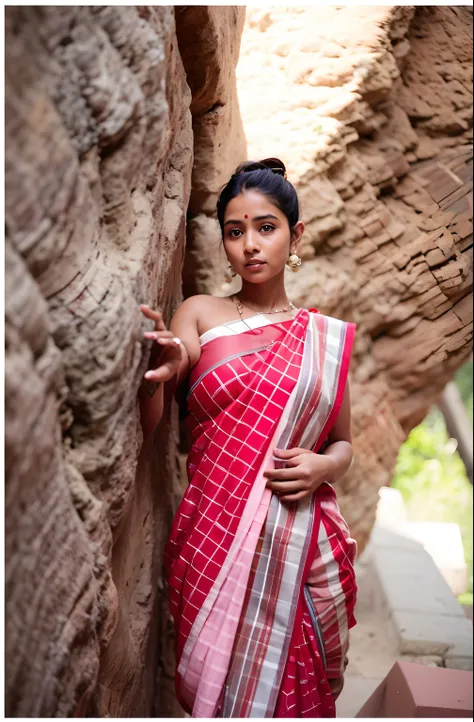 a woman in a red and white sari leaning against a rock, inspired by T. K. Padmini, traditional beauty, wearing a sari, dressed in a sari, very beautiful enga style, assamese aesthetic, sari, idian dress, indian girl with brown skin, indian style, by Lily D...