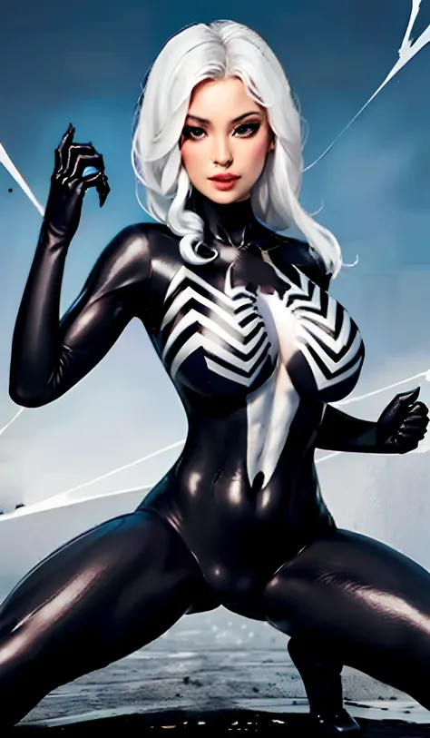 4K，realisticlying，Glamorous，The is very detailed，There is a girl in Dingcheng，Wearing a black Spider-Man costume，（Black and white：1.4） the night,symbiote，venomize，a large amount of mucus,she is a spiderman，Black superhero theme，In front of the sky，Flushed ...