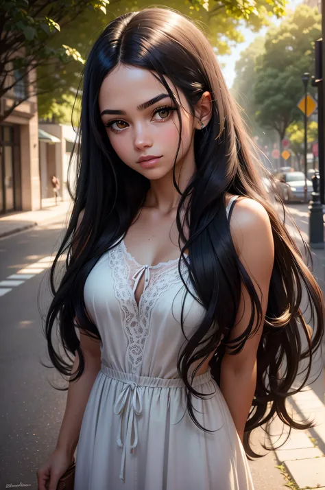 A photorealistic portrait of a 22 year old Brazilian girl with long black hair and striking dark green eyes. It should have a natural, approachable expression and be illuminated by the soft sunlight of the golden hour. The background should be a picturesqu...