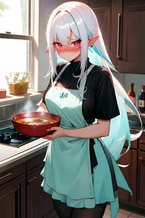 One girl with long hair, white hair, looking at viewer, embarrassed, blushing, oversized naked black t shirt, t shirt only, thigh, pointy ears, perfect waist, pantyhose, kitchen, apron, soup ladle