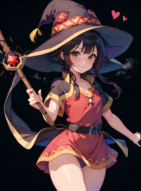 1girl, solo, short sleeves, green eyes, looking at viewer, smile, , simple background, heart   1girl,( steam, thong, megumin,  witch hat, red dress, magic staff,