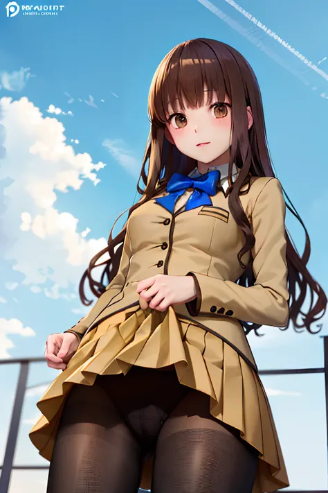 masutepiece, Best Quality, hight resolution, HMKH1, blue bowtie, blue bow, Brown skirt, Brown jacket, Black pantyhose, School uniform, Cowboy Shot, a miniskirt、((self lift))、((skirt rift))、View from below、((Show panties))