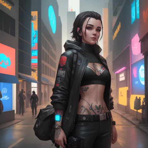 Crie uma personagem que tenha tatuagem de asas de anjo nas costas com tema cyberpunk