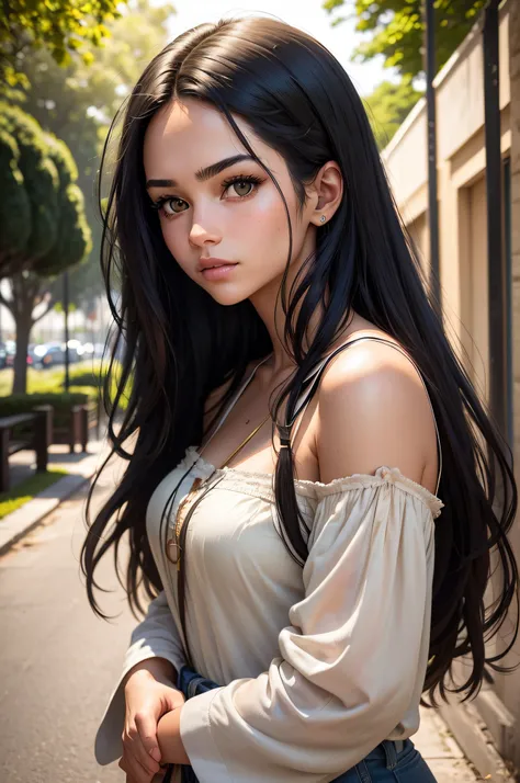 A photorealistic portrait of a 22 year old Brazilian girl with long black hair and striking dark green eyes. It should have a natural, approachable expression and be illuminated by the soft sunlight of the golden hour. The background should be a picturesqu...