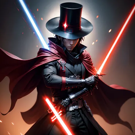 Top hat, male oc, Star Wars oc red lightsaber, male Sith, Sith Lord, Bloodborne style clothes, meticulously detailed anime male sith, pixar 3d art style photograph , wearing a cloak and holding a red lightsaber in fighting stance . planet background, octan...