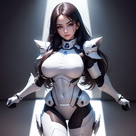 (Upper body), (Realistic, [anime big breast]), (。.3D:0.3), Dramatic lighting, ((Masterpiece)),(quality),(A high resolution), The tall Lady Void Star, [[Covers the abs]], ((X-ray powered armor|Tights with lining|White power armor) Mechanical arms), Long bla...