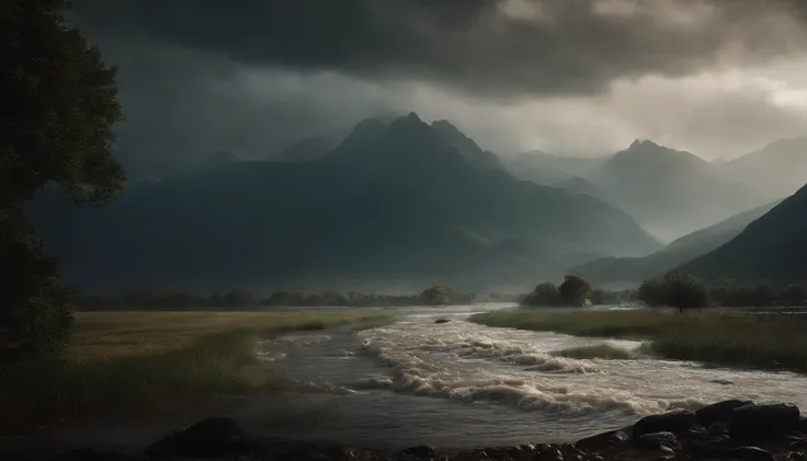 an image of a flood from Noahs time with the ark and the mountains