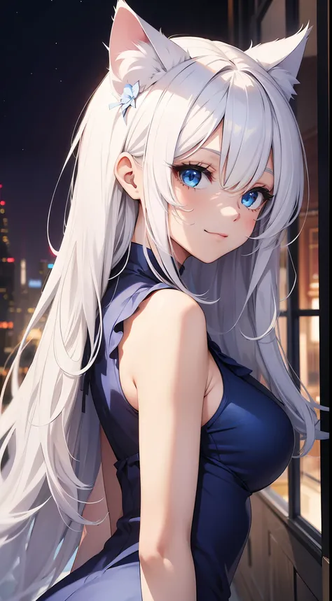 young girl, Long white hair, cat ears, cat tail, blue eyes, Blue luxurious tight dress, ssmile, Masterpiece, hiquality