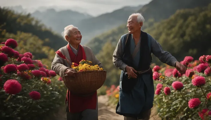 High quality, Masterpieces:1.2), illustration, An old Chinese man with a chrysanthemum on his head, Celebrate Double 9 with your eyes closed,A young man helped the old man smile， A lively chrysanthemum festival, Charming smile, Close-up of mountaineering i...