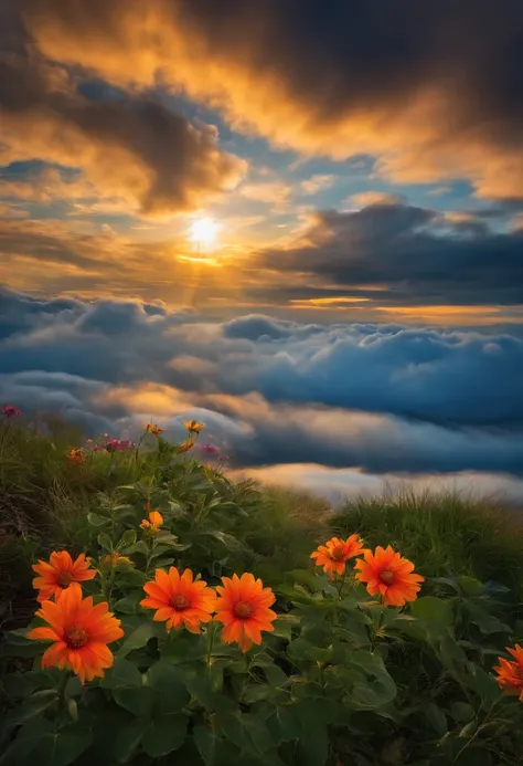 A lonely flower and blue sky，Clouds and the sun rises