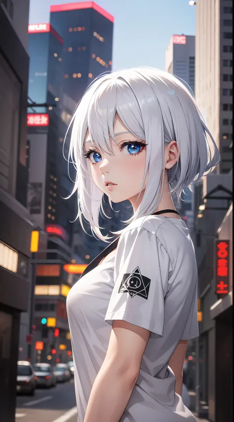 Anime girl with white hair and blue eyes in the city, seductive anime girl, T-shirt, perfect girl with white hair, girl with white hair, detailed digital anime art, beautiful anime girl, anime style 4 K, anime art wallpaper 8 K, beautiful and attractive an...