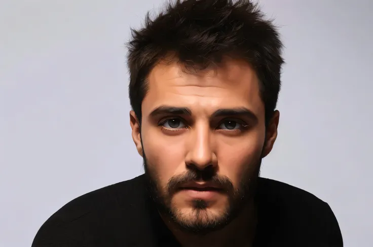 Homem com barba, olhos castanhos claros, fundo branco