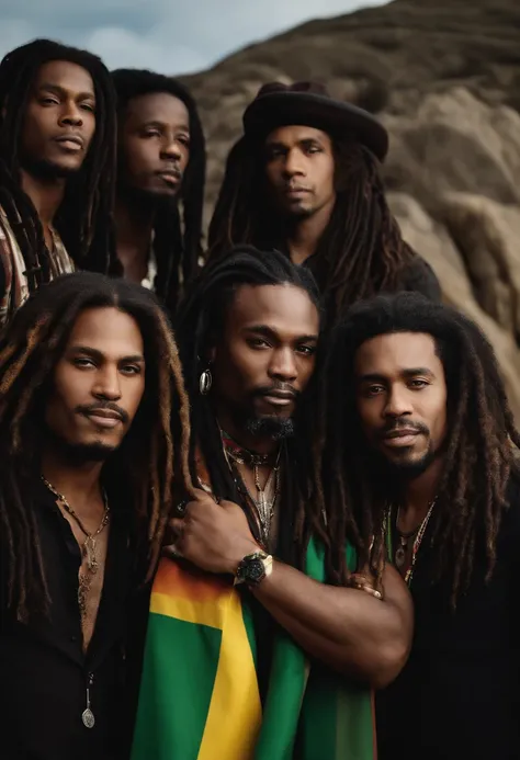 Reggae band in professional photo where the musicians are black and with long dread hair