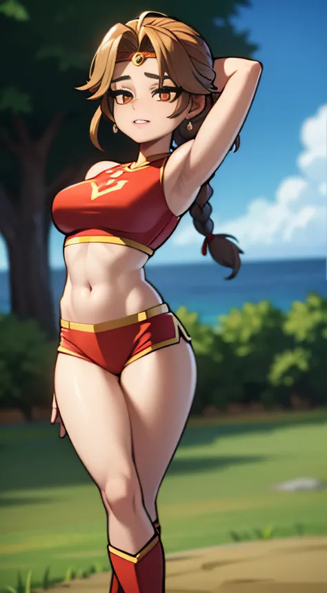 (Masterpiece, 4k resolution, ultra-realistic, very detailed) sexy beautiful female superheroine brown hair , long braided ponytail, red sleeveless crop shirt, with a golden Star, midriff wears (a golden tiara with a red gem on forehead) , golden bracelets,...