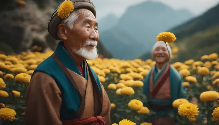 High quality, Masterpieces:1.2), illustration, An old Chinese man with a chrysanthemum on his head, Celebrate Double 9 with your eyes closed,Young people help the old man smile， A lively chrysanthemum festival, Charming smile, Close-up of mountaineering an...