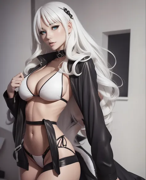 1girl fetchingbutterfly as bikini model, anime, white hair, black bikini, thigh black boots, toned, anime style character solo, torso shot, focus on cleavage