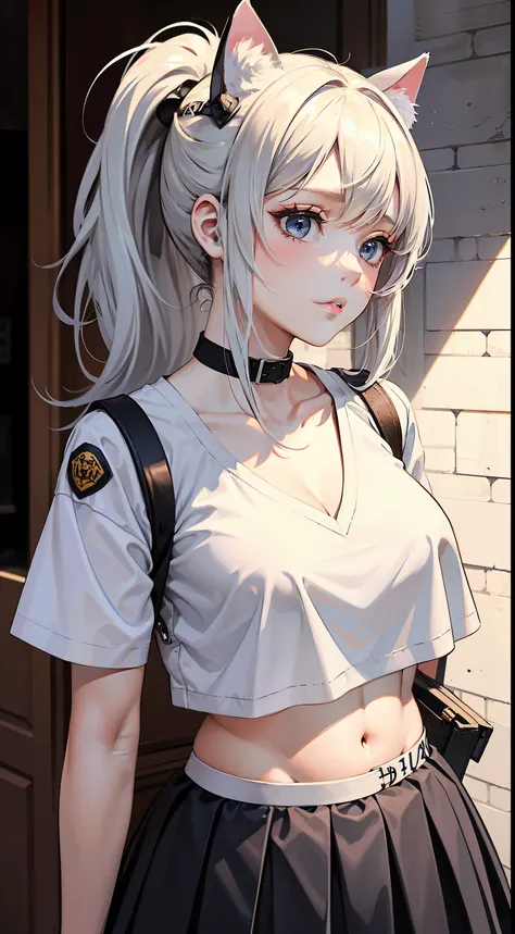 A girl, (adult female: 1.21), white short sleeves, with a white helmet, (collarbone: 1.1), (white vest: 1.11), (belly button), (white long hair: 1.1), ponytail, black eyes, Pleated skirts, skirts, busts, dove circles, carrier pigeons, cat helmets, Band-Aid...