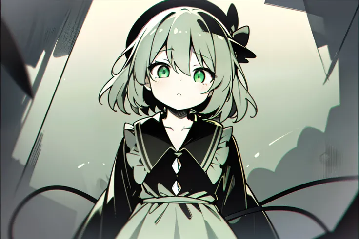 1girl in, beautiful countenance、komeiji koishi, Petite, closes mouth、（Straight face）、dead eyes、monochromes、Shadow Body、Glowing green eyes、、long-sleeve、symple background