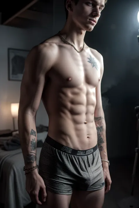 Teen male, 16yo, atmospheric, S.T.A.L.K.E.R style, fog, chromatic aberration, sexy masculine square face, chainlet, tight patterned boxers, skinny body, fag, slave, dominated, bokeh, film, posing, film noise, knell, scars, tattoos