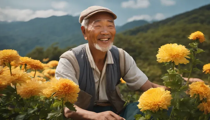 High quality, Masterpieces:1.2), illustration, An old Chinese man with a chrysanthemum on his head,Young people support the elderly】 Celebrate Double 9 with your eyes closed,Young people help the old man smile， A lively chrysanthemum festival, Charming smi...