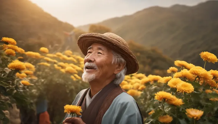 High quality, Masterpieces:1.2), illustration, An old Chinese man with a chrysanthemum on his head,Young people support the elderly】 Celebrate Double 9 with your eyes closed,Young people help the old man smile， A lively chrysanthemum festival, Charming smi...