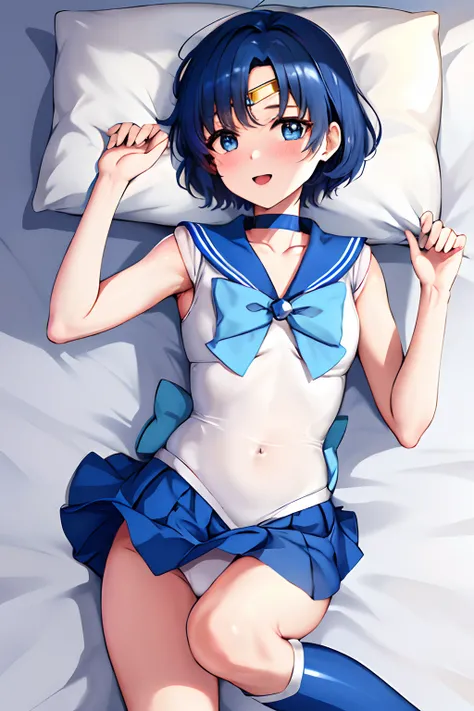 Ami Mizuno、Sailor Mercury、Sailor Senshi Uniform、Blue choker、white glove、Anime Boy、Junior high school boys、gender change、gender change(Girls to boys)、Blue sailor collar、Sky blue ribbon at chest、White leotard、Very short blue-haired boy、elbowgloves、a blue ski...