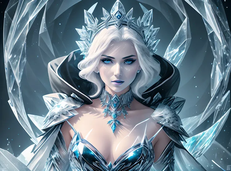 ilustration 1 woman, blue lipstick on lips, ice armor up to neck, cinematic light, highest quality, ultra detailed realism, detailed face, detailed eyes, best quality, hyper detailed, works cousin, masterpiece, top quality, best, official art, beautiful an...