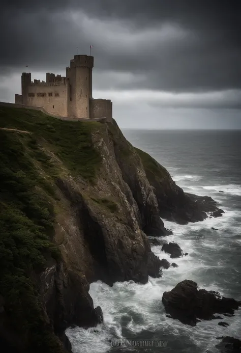 /imagine prompt: A majestic and imposing medieval castle perched on a cliff by the sea, with waves crashing against the rocks below, an overcast sky filled with dark clouds, evoking a sense of mystery and foreboding, Photography, DSLR camera with a wide-an...