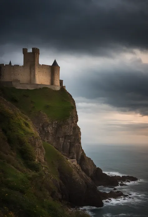 /imagine prompt: A majestic and imposing medieval castle perched on a cliff by the sea, with waves crashing against the rocks below, an overcast sky filled with dark clouds, evoking a sense of mystery and foreboding, Photography, DSLR camera with a wide-an...