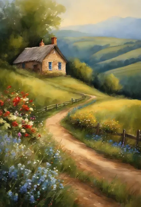 /imagine prompt: A quaint, picturesque cottage nestled in a serene countryside, surrounded by rolling hills, vibrant wildflowers, and a clear blue sky, radiating tranquility and happiness, Painting, watercolor on textured paper, using a variety of brushes ...