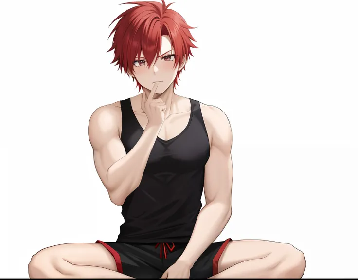 Red haired anime boy sitting on floor with legs crossed, Anime Boy, anime style character, garments:Black tank top, Boy in shorts, In anime style, anime styled」, Anime style, Muscular men, Knight of Zodiac Boy, with short red hair standing on end,, In an a...