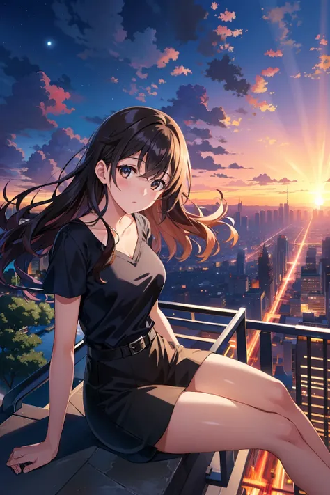 a girl wearing black top sitting on a skyscraper edge, by studio ghibli, city scenery, detailed illustration, official art, in the style of kawacy, graceful movement, nocturne, composed, hd wallpapers