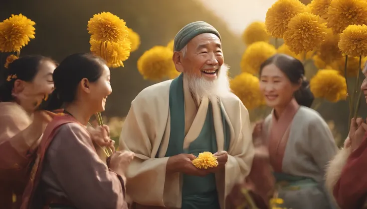 High quality, Masterpieces:1.2), illustration, An old Chinese man with a chrysanthemum on his head,Young people support the elderly】 Celebrate Double 9 with your eyes closed,Young people help the old man smile， A lively chrysanthemum festival, Charming smi...