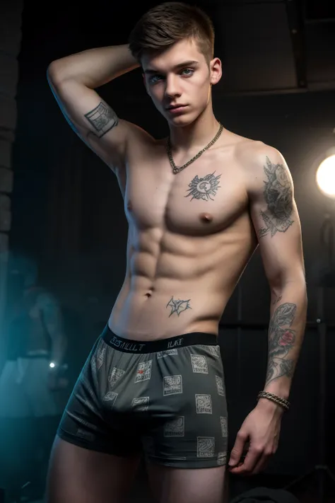 Teen male, 16yo, atmospheric, S.T.A.L.K.E.R style, fog, chromatic aberration, sexy masculine square face, chainlet, tight patterned boxers, skinny body, fag, slave, dominated, bokeh, film, posing, film noise, knell, scars, tattoos, bristle