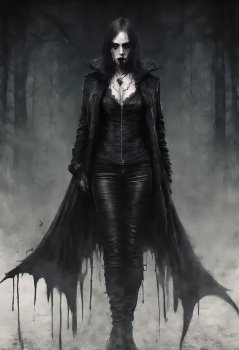 A illustration of Female vampire, emocore clothes, full body, hyper-realistic, artistic