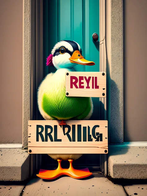 A duck holding a wooden sign that says “RoyalReselling” painted on it