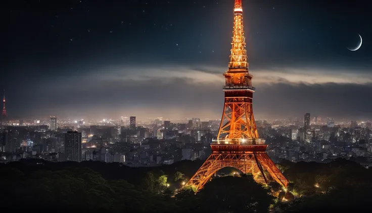 ((Tokyo Tower)) Looking up from directly below, cinematic lightening, ((Night with moonlight and stars)), Core Low Key, top-quality, Hyper-Resolution, Hyper-Realism, sharpness