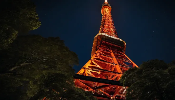 ((Tokyo Tower)) Looking up from directly below, cinematic lightening, ((Night with moonlight and stars)), Core Low Key, top-quality, Hyper-Resolution, Hyper-Realism, sharpness