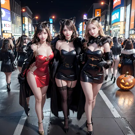 masterpiece, top-quality, top-quality, Beautifully Aesthetic:1.2, ((3girls)), Halloween night, 
((Middle girl is Wearing a high-quality Black Cat costume of fur, gloves of Cat, fur miniskirt):1.2), high detailed, 
((Left girl is Wearing a high-quality Red ...