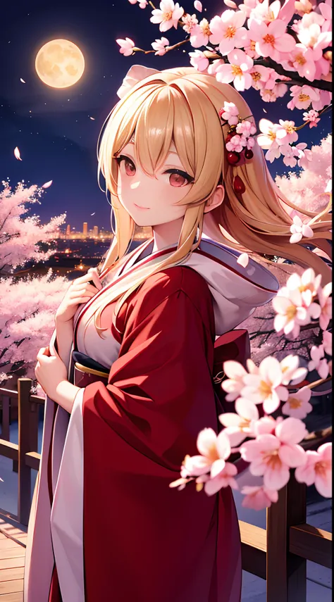 One blonde girl, Red eyes, Night background, Moon and cherry blossoms, Fluffy kimono,