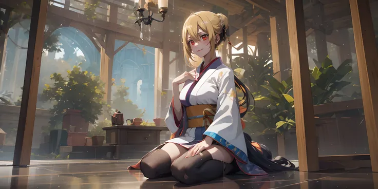 angelicav4, (blonde hair:1.6), red eyes, 1girl, japanese_clothes, kimono, black_legwear, solo, breasts, thighhighs, wide_sleeves...