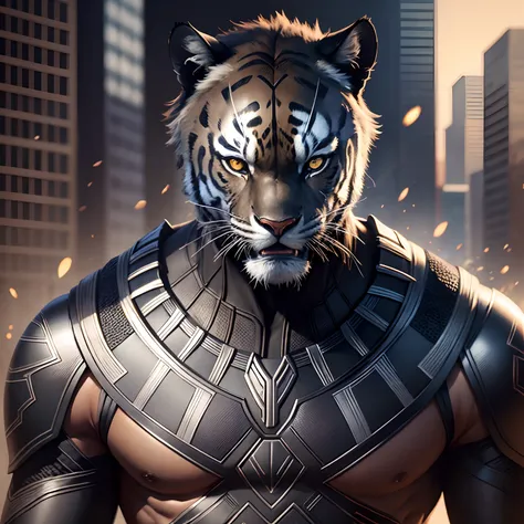 Black Panther - Full Male, fine art, ps5 movie screenshot, With the face of a tiger.. , Do Wankada - Male, black, Detailed movie rendering, Ultra-realistic irradiation, With cinematic lighting