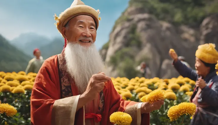 High quality, Masterpieces:1.2), illustration, An old Chinese man with a chrysanthemum on his head,Young people support the elderly】 Celebrate Double 9 with your eyes closed,Young people help the old man smile， A lively chrysanthemum festival, Charming smi...